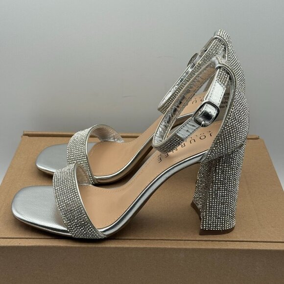Journee Womens Idda Rhinestone Silver Textile High Block Heel Sandals Size 9 - Picture 3 of 10